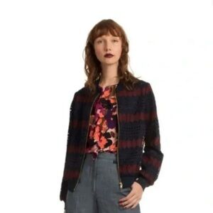 Trina Turk Navy and Burgundy Striped Bomber Jacket